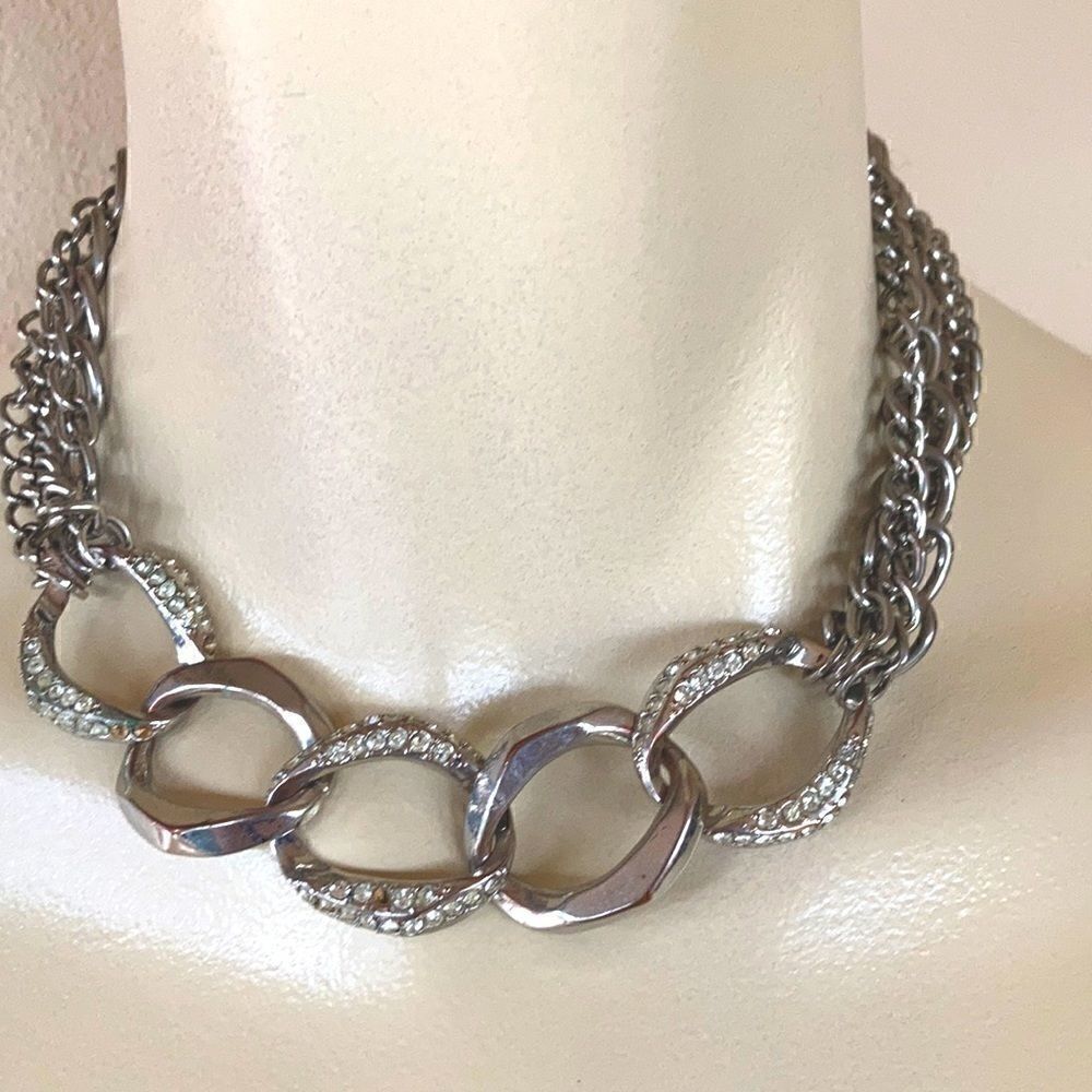 Vintage Chunky Silver statement necklace Rhinestone choker chain adjustable 17.5